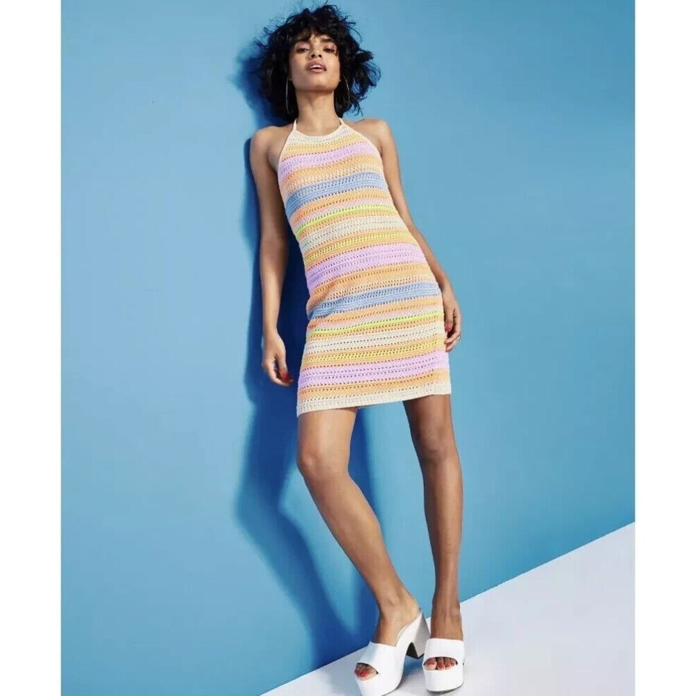House of Harlow 1960 Colorful Striped Crochet Knit Halter Mini Dress size small